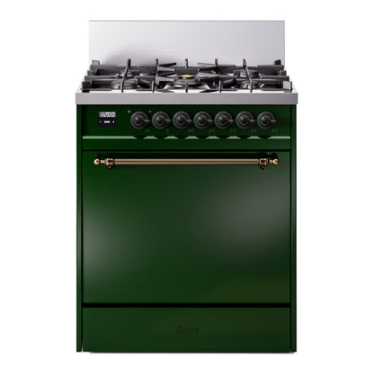 ILVE Nostalgie II 30-Inch Dual Fuel Range with 5 Sealed Burners, 4 cu. ft. Oven, Emerald Green with Burnished Trim, Natural Gas, Solid Door, UP30QNMPEGB