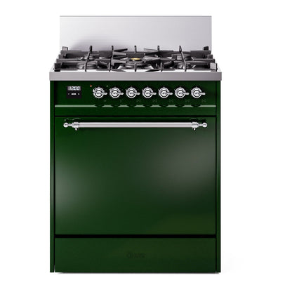 ILVE Nostalgie II 30-Inch Dual Fuel Range with 5 Sealed Burners, 4 cu. ft. Oven, Emerald Green with Chrome Trim, Liquid Propane, Solid Door, UP30QNMPEGCLP