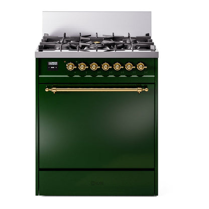 ILVE Nostalgie II 30-Inch Dual Fuel Range with 5 Sealed Burners, 4 cu. ft. Oven, Emerald Green with Brass Trim, Liquid Propane, Solid Door, UP30QNMPEGGLP