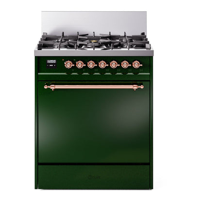 ILVE Nostalgie II 30-Inch Dual Fuel Range with 5 Sealed Burners, 4 cu. ft. Oven, Emerald Green with Copper Trim, Natural Gas, Solid Door, UP30QNMPEGP