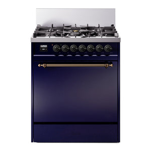 ILVE Nostalgie II 30-Inch Dual Fuel Range with 5 Sealed Burners, 4 cu. ft. Oven, Midnight Blue with Burnished Trim, Natural Gas, Solid Door, UP30QNMPMBB