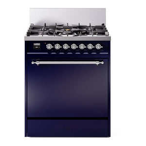 ILVE Nostalgie II 30-Inch Dual Fuel Range with 5 Sealed Burners, 4 cu. ft. Oven, Midnight Blue with Chrome Trim, Liquid Propane, Solid Door, UP30QNMPMBCLP