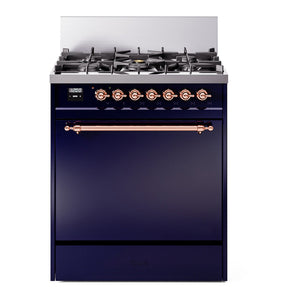 ILVE Nostalgie II 30-Inch Dual Fuel Range with 5 Sealed Burners, 4 cu. ft. Oven, Midnight Blue with Copper Trim, Liquid Propane, Solid Door, UP30QNMPMBPLP