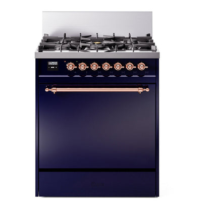 ILVE Nostalgie II 30-Inch Dual Fuel Range with 5 Sealed Burners, 4 cu. ft. Oven, Midnight Blue with Copper Trim, Liquid Propane, Solid Door, UP30QNMPMBPLP