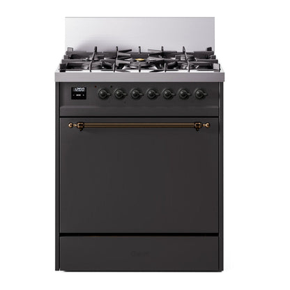ILVE Nostalgie II 30-Inch Dual Fuel Range with 5 Sealed Burners, 4 cu. ft. Oven, Graphite Matte with Burnished Trim, Liquid Propane, Solid Door, UP30QNMPMGBLP