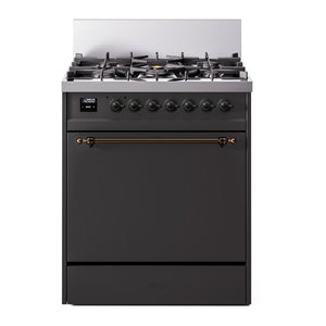 ILVE Nostalgie II 30-Inch Dual Fuel Range with 5 Sealed Burners, 4 cu. ft. Oven, Graphite Matte with Burnished Trim, Natural Gas, Solid Door, UP30QNMPMGB
