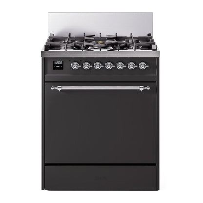ILVE Nostalgie II 30-Inch Dual Fuel Range with 5 Sealed Burners, 4 cu. ft. Oven, Graphite Matte with Chrome Trim, Natural Gas, Solid Door, UP30QNMPMGC