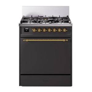 ILVE Nostalgie II 30-Inch Dual Fuel Range with 5 Sealed Burners, 4 cu. ft. Oven, Graphite Matte with Brass Trim, Liquid Propane, Solid Door, UP30QNMPMGGLP