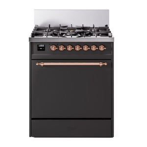 ILVE Nostalgie II 30-Inch Dual Fuel Range with 5 Sealed Burners, 4 cu. ft. Oven, Graphite Matte with Copper Trim, Liquid Propane, Solid Door, UP30QNMPMGPLP