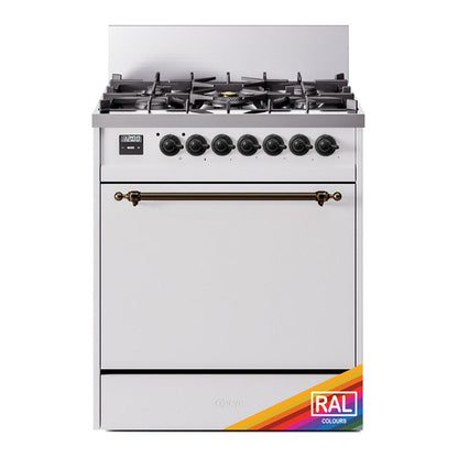 ILVE Nostalgie II 30-Inch Dual Fuel Range with 5 Sealed Burners, 4 cu. ft. Oven, RAL with Burnished Trim, Liquid Propane, Solid Door, UP30QNMPRABLP
