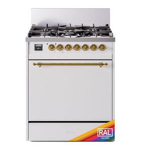 ILVE Nostalgie II 30-Inch Dual Fuel Range with 5 Sealed Burners, 4 cu. ft. Oven, RAL with Brass Trim, Natural Gas, Solid Door, UP30QNMPRAG