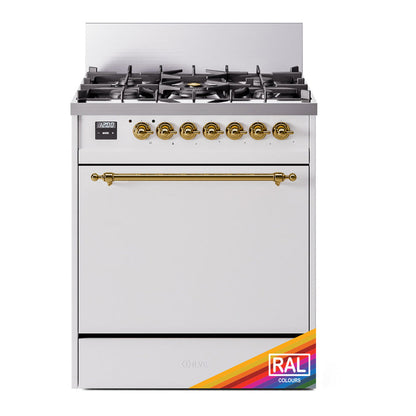 ILVE Nostalgie II 30-Inch Dual Fuel Range with 5 Sealed Burners, 4 cu. ft. Oven, RAL with Brass Trim, Natural Gas, Solid Door, UP30QNMPRAG