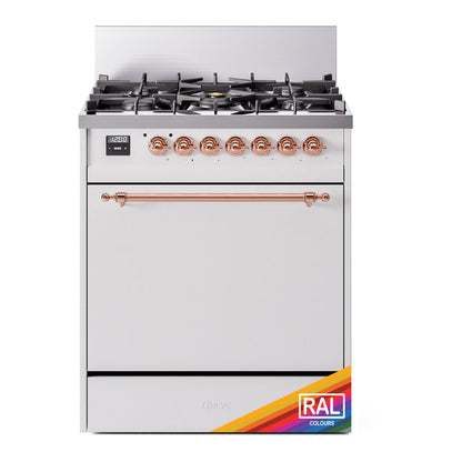ILVE Nostalgie II 30-Inch Dual Fuel Range with 5 Sealed Burners, 4 cu. ft. Oven, RAL with Copper Trim, Liquid Propane, Solid Door, UP30QNMPRAPLP