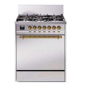 ILVE Nostalgie II 30-Inch Dual Fuel Range with 5 Sealed Burners, 4 cu. ft. Oven, Stainless Steel with Brass Trim, Liquid Propane, Solid Door, UP30QNMPSSGLP