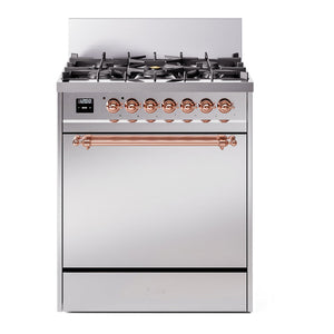 ILVE Nostalgie II 30-Inch Dual Fuel Range with 5 Sealed Burners, 4 cu. ft. Oven, Stainless Steel with Copper Trim, Liquid Propane, Solid Door, UP30QNMPSSPLP