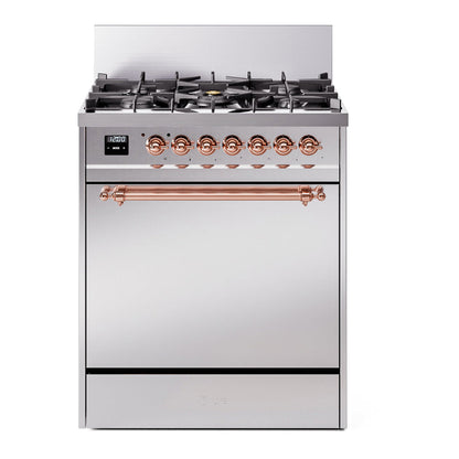 ILVE Nostalgie II 30-Inch Dual Fuel Range with 5 Sealed Burners, 4 cu. ft. Oven, Stainless Steel with Copper Trim, Liquid Propane, Solid Door, UP30QNMPSSPLP