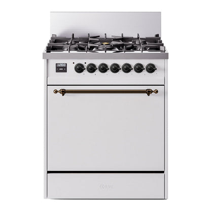 ILVE Nostalgie II 30-Inch Dual Fuel Range with 5 Sealed Burners, 4 cu. ft. Oven, White with Burnished Trim, Natural Gas, Solid Door, UP30QNMPWHB