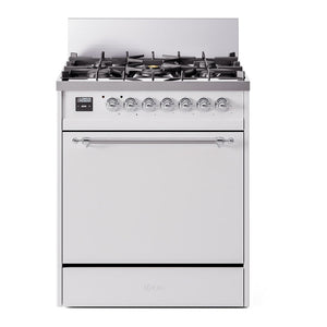 ILVE Nostalgie II 30-Inch Dual Fuel Range with 5 Sealed Burners, 4 cu. ft. Oven, White with Chrome Trim, Natural Gas, Solid Door, UP30QNMPWHC