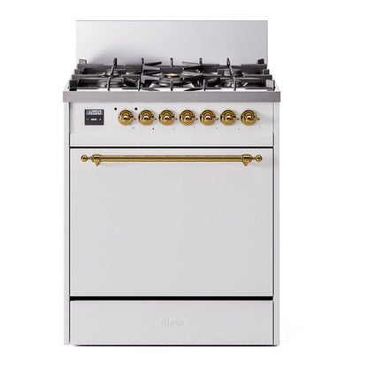 ILVE Nostalgie II 30-Inch Dual Fuel Range with 5 Sealed Burners, 4 cu. ft. Oven, White with Brass Trim, Liquid Propane, Solid Door, UP30QNMPWHGLP