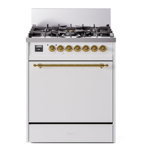 ILVE Nostalgie II 30-Inch Dual Fuel Range with 5 Sealed Burners, 4 cu. ft. Oven, White with Brass Trim, Natural Gas, Solid Door, UP30QNMPWHG