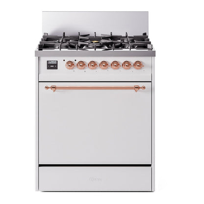 ILVE Nostalgie II 30-Inch Dual Fuel Range with 5 Sealed Burners, 4 cu. ft. Oven, White with Copper Trim, Liquid Propane, Solid Door, UP30QNMPWHPLP