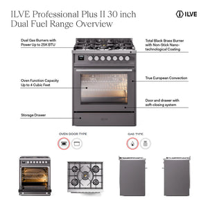 ILVE Professional Plus II 30-Inch Dual Fuel Range with 5 Sealed Burners, 4 cu. ft. Oven, Stainless Steel, Liquid Propane, Triple Glass Door, UP30WMPSSLP