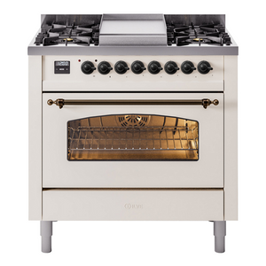 ILVE Nostalgie II 36-Inch Dual Fuel Range with 6 Sealed Burners + Griddle, 3.5 cu. ft. Oven, Antique White with Burnished Trim, Liquid Propane, Triple Glass Door, UP36FNMPAWBLP