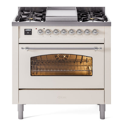 ILVE Nostalgie II 36-Inch Dual Fuel Range with 6 Sealed Burners + Griddle, 3.5 cu. ft. Oven, Antique White with Chrome Trim, Liquid Propane, Triple Glass Door, UP36FNMPAWCLP