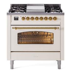ILVE Nostalgie II 36-Inch Dual Fuel Range with 6 Sealed Burners + Griddle, 3.5 cu. ft. Oven, Antique White with Brass Trim, Natural Gas, Triple Glass Door, UP36FNMPAWG