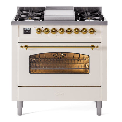 ILVE Nostalgie II 36-Inch Dual Fuel Range with 6 Sealed Burners + Griddle, 3.5 cu. ft. Oven, Antique White with Brass Trim, Natural Gas, Triple Glass Door, UP36FNMPAWG