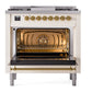 ILVE Nostalgie II 36-Inch Dual Fuel Range with 6 Sealed Burners + Griddle, 3.5 cu. ft. Oven, Antique White with Brass Trim, Natural Gas, Triple Glass Door, UP36FNMPAWG