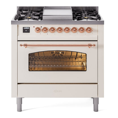 ILVE Nostalgie II 36-Inch Dual Fuel Range with 6 Sealed Burners + Griddle, 3.5 cu. ft. Oven, Antique White with Copper Trim, Liquid Propane, Triple Glass Door, UP36FNMPAWPLP