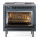 ILVE Nostalgie II 36-Inch Dual Fuel Range with 6 Sealed Burners + Griddle, 3.5 cu. ft. Oven, Blue Grey with Burnished Trim, Liquid Propane, Triple Glass Door, UP36FNMPBGBLP