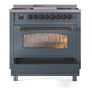 ILVE Nostalgie II 36-Inch Dual Fuel Range with 6 Sealed Burners + Griddle, 3.5 cu. ft. Oven, Blue Grey with Burnished Trim, Liquid Propane, Triple Glass Door, UP36FNMPBGBLP