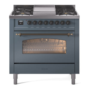 ILVE Nostalgie II 36-Inch Dual Fuel Range with 6 Sealed Burners + Griddle, 3.5 cu. ft. Oven, Blue Grey with Burnished Trim, Natural Gas, Triple Glass Door, UP36FNMPBGB