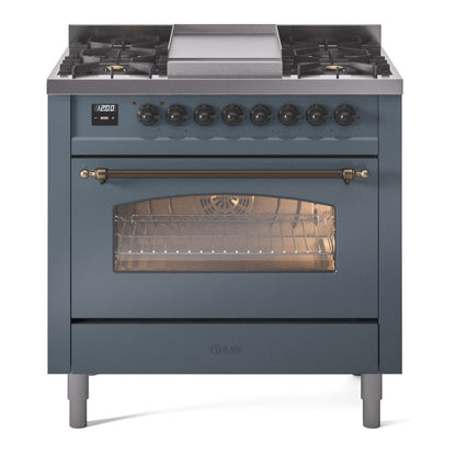 ILVE Nostalgie II 36-Inch Dual Fuel Range with 6 Sealed Burners + Griddle, 3.5 cu. ft. Oven, Blue Grey with Burnished Trim, Natural Gas, Triple Glass Door, UP36FNMPBGB