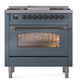 ILVE Nostalgie II 36-Inch Dual Fuel Range with 6 Sealed Burners + Griddle, 3.5 cu. ft. Oven, Blue Grey with Burnished Trim, Natural Gas, Triple Glass Door, UP36FNMPBGB