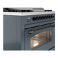 ILVE Nostalgie II 36-Inch Dual Fuel Range with 6 Sealed Burners + Griddle, 3.5 cu. ft. Oven, Blue Grey with Burnished Trim, Natural Gas, Triple Glass Door, UP36FNMPBGB