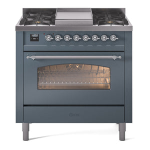 ILVE Nostalgie II 36-Inch Dual Fuel Range with 6 Sealed Burners + Griddle, 3.5 cu. ft. Oven, Blue Grey with Chrome Trim, Natural Gas, Triple Glass Door, UP36FNMPBGC