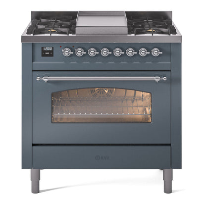 ILVE Nostalgie II 36-Inch Dual Fuel Range with 6 Sealed Burners + Griddle, 3.5 cu. ft. Oven, Blue Grey with Chrome Trim, Natural Gas, Triple Glass Door, UP36FNMPBGC