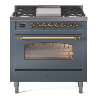 ILVE Nostalgie II 36-Inch Dual Fuel Range with 6 Sealed Burners + Griddle, 3.5 cu. ft. Oven, Blue Grey with Brass Trim, Liquid Propane, Triple Glass Door, UP36FNMPBGGLP