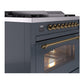 ILVE Nostalgie II 36-Inch Dual Fuel Range with 6 Sealed Burners + Griddle, 3.5 cu. ft. Oven, Blue Grey with Brass Trim, Liquid Propane, Triple Glass Door, UP36FNMPBGGLP