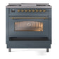 ILVE Nostalgie II 36-Inch Dual Fuel Range with 6 Sealed Burners + Griddle, 3.5 cu. ft. Oven, Blue Grey with Brass Trim, Natural Gas, Triple Glass Door, UP36FNMPBGG