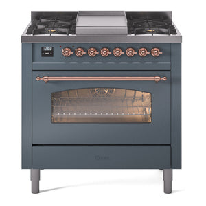 ILVE Nostalgie II 36-Inch Dual Fuel Range with 6 Sealed Burners + Griddle, 3.5 cu. ft. Oven, Blue Grey with Copper Trim, Liquid Propane, Triple Glass Door, UP36FNMPBGPLP