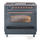 ILVE Nostalgie II 36-Inch Dual Fuel Range with 6 Sealed Burners + Griddle, 3.5 cu. ft. Oven, Blue Grey with Copper Trim, Liquid Propane, Triple Glass Door, UP36FNMPBGPLP