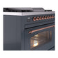 ILVE Nostalgie II 36-Inch Dual Fuel Range with 6 Sealed Burners + Griddle, 3.5 cu. ft. Oven, Blue Grey with Copper Trim, Liquid Propane, Triple Glass Door, UP36FNMPBGPLP