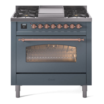 ILVE Nostalgie II 36-Inch Dual Fuel Range with 6 Sealed Burners + Griddle, 3.5 cu. ft. Oven, Blue Grey with Copper Trim, Natural Gas, Triple Glass Door, UP36FNMPBGP
