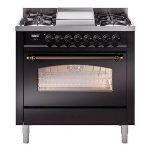 ILVE Nostalgie II 36-Inch Dual Fuel Range with 6 Sealed Burners + Griddle, 3.5 cu. ft. Oven, Glossy Black with Burnished Trim, Natural Gas, Triple Glass Door, UP36FNMPBKB