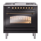 ILVE Nostalgie II 36-Inch Dual Fuel Range with 6 Sealed Burners + Griddle, 3.5 cu. ft. Oven, Glossy Black with Burnished Trim, Natural Gas, Triple Glass Door, UP36FNMPBKB
