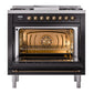 ILVE Nostalgie II 36-Inch Dual Fuel Range with 6 Sealed Burners + Griddle, 3.5 cu. ft. Oven, Glossy Black with Burnished Trim, Natural Gas, Triple Glass Door, UP36FNMPBKB